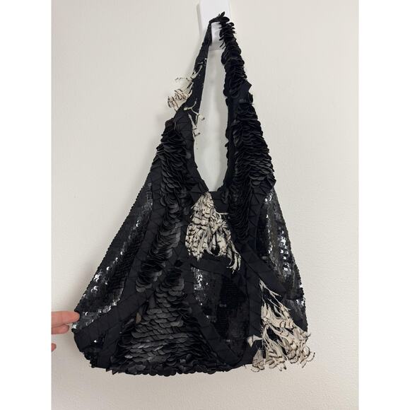 Alice + Olivia Handbags - Alice + Olivia Hobo Shoulder Bag Black Sequin Feather Embellished Purse Rare
